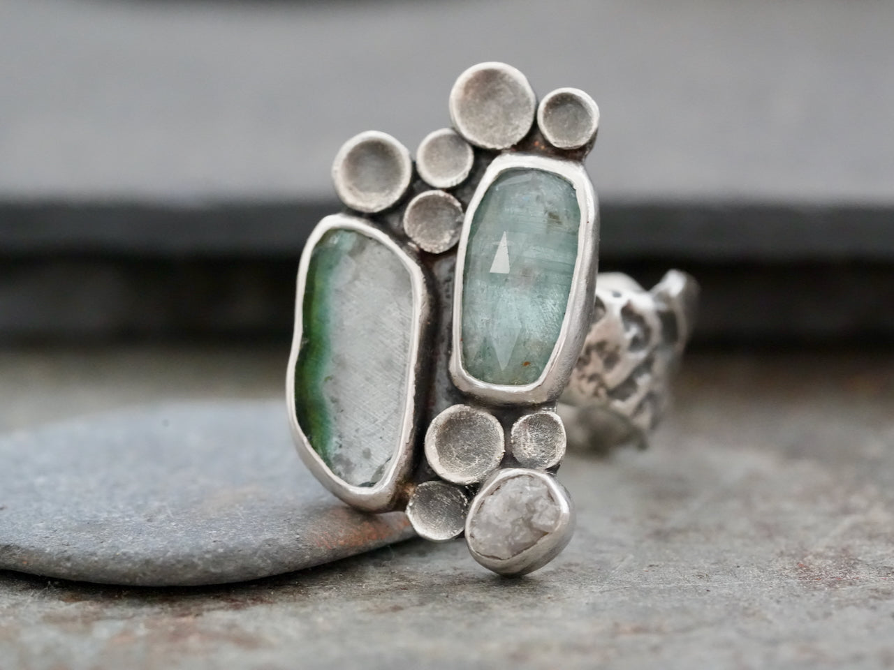 Kyanite and Tourmaline Cluster Ring – Handmade in Sterling Silver, size 7.75-8