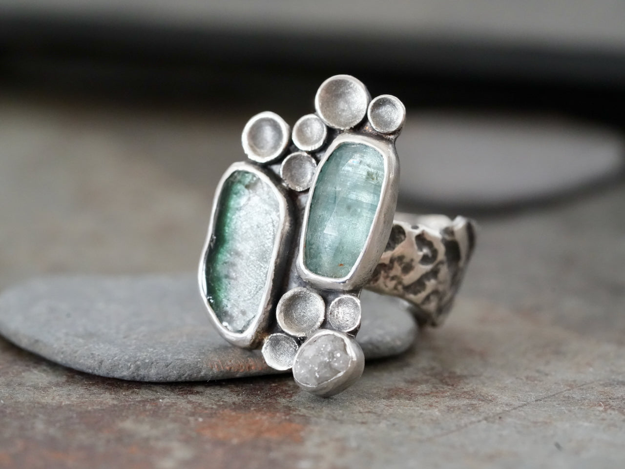 Kyanite and Tourmaline Cluster Ring – Handmade in Sterling Silver, size 7.75-8