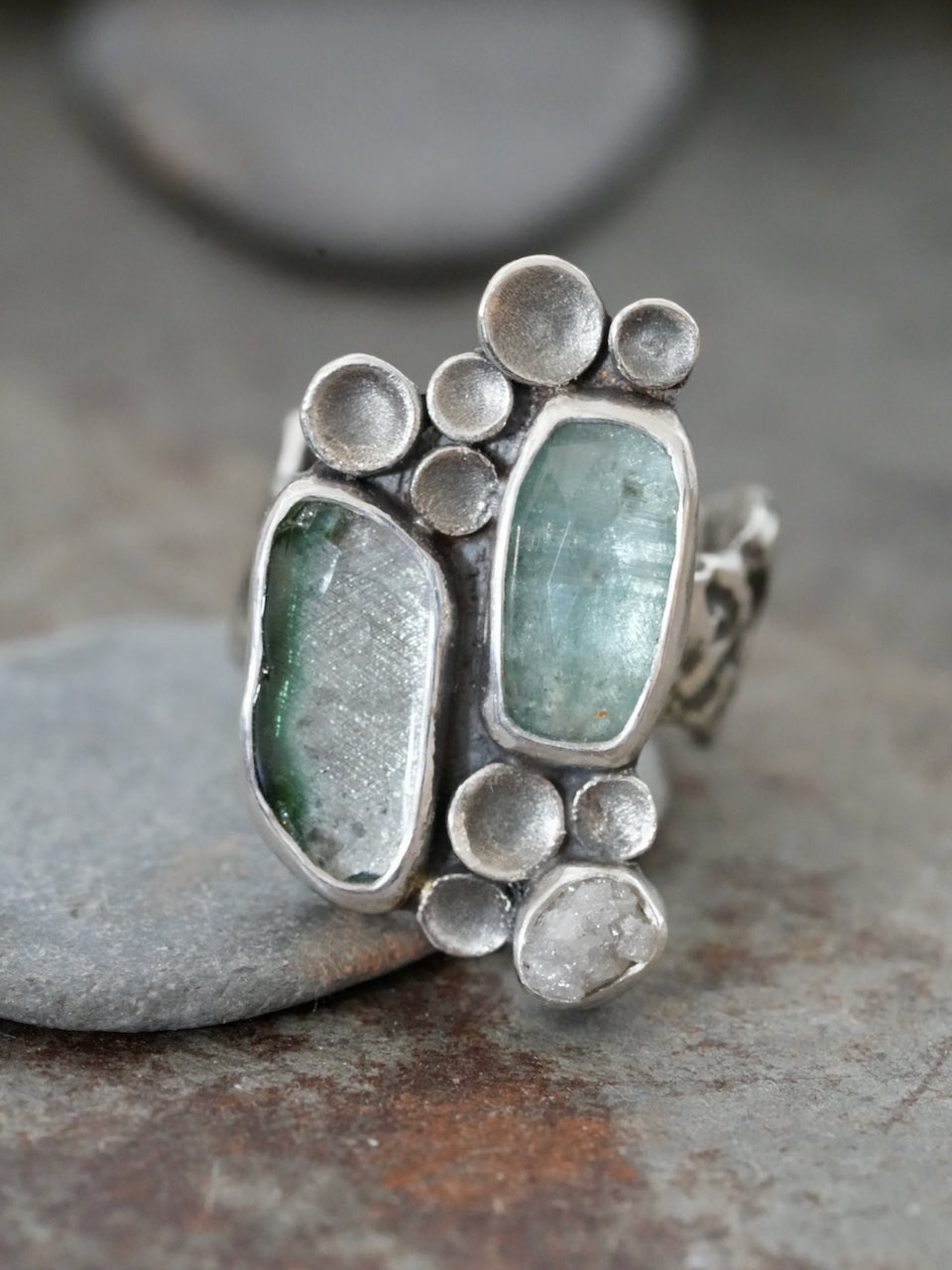 Kyanite and Tourmaline Cluster Ring – Handmade in Sterling Silver, size 7.75-8
