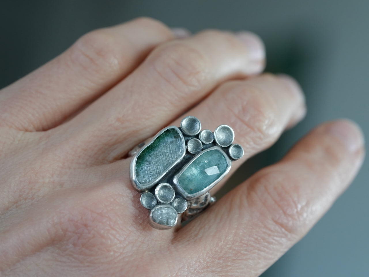 Kyanite and Tourmaline Cluster Ring – Handmade in Sterling Silver, size 7.75-8