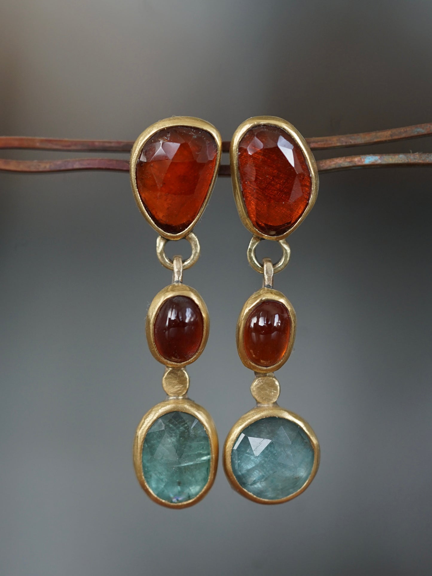 Exquisite garnet and kyanite dangly post earrings