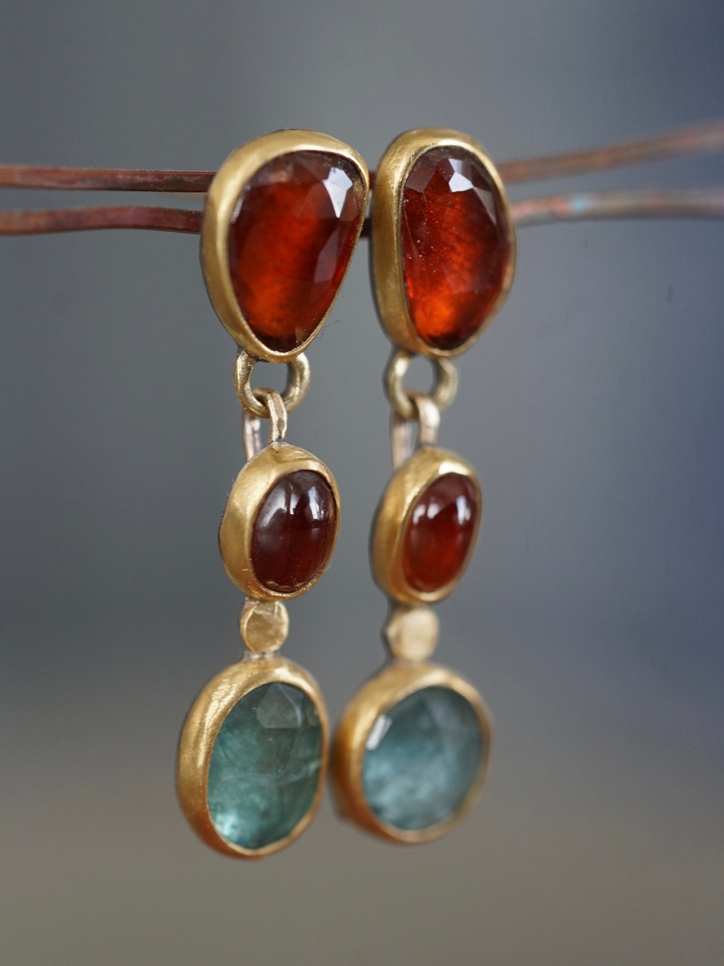 Exquisite garnet and kyanite dangly post earrings