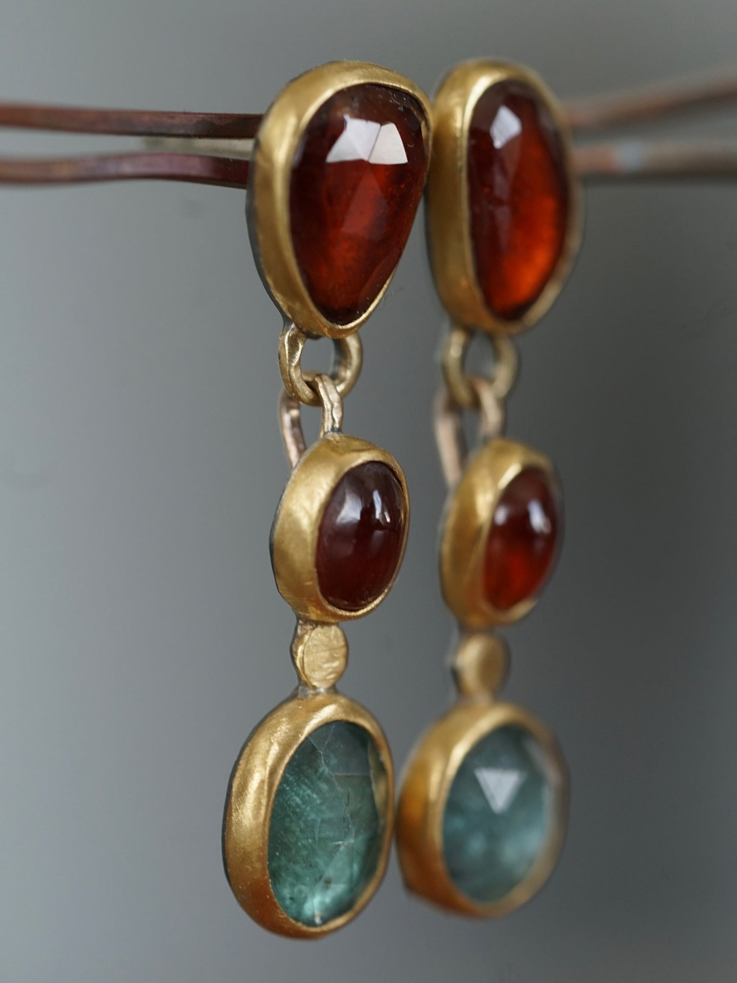 Exquisite garnet and kyanite dangly post earrings