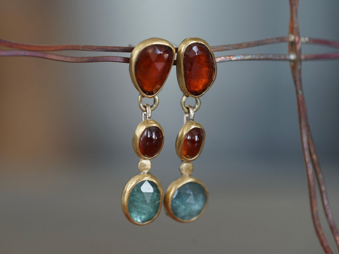 Exquisite garnet and kyanite dangly post earrings