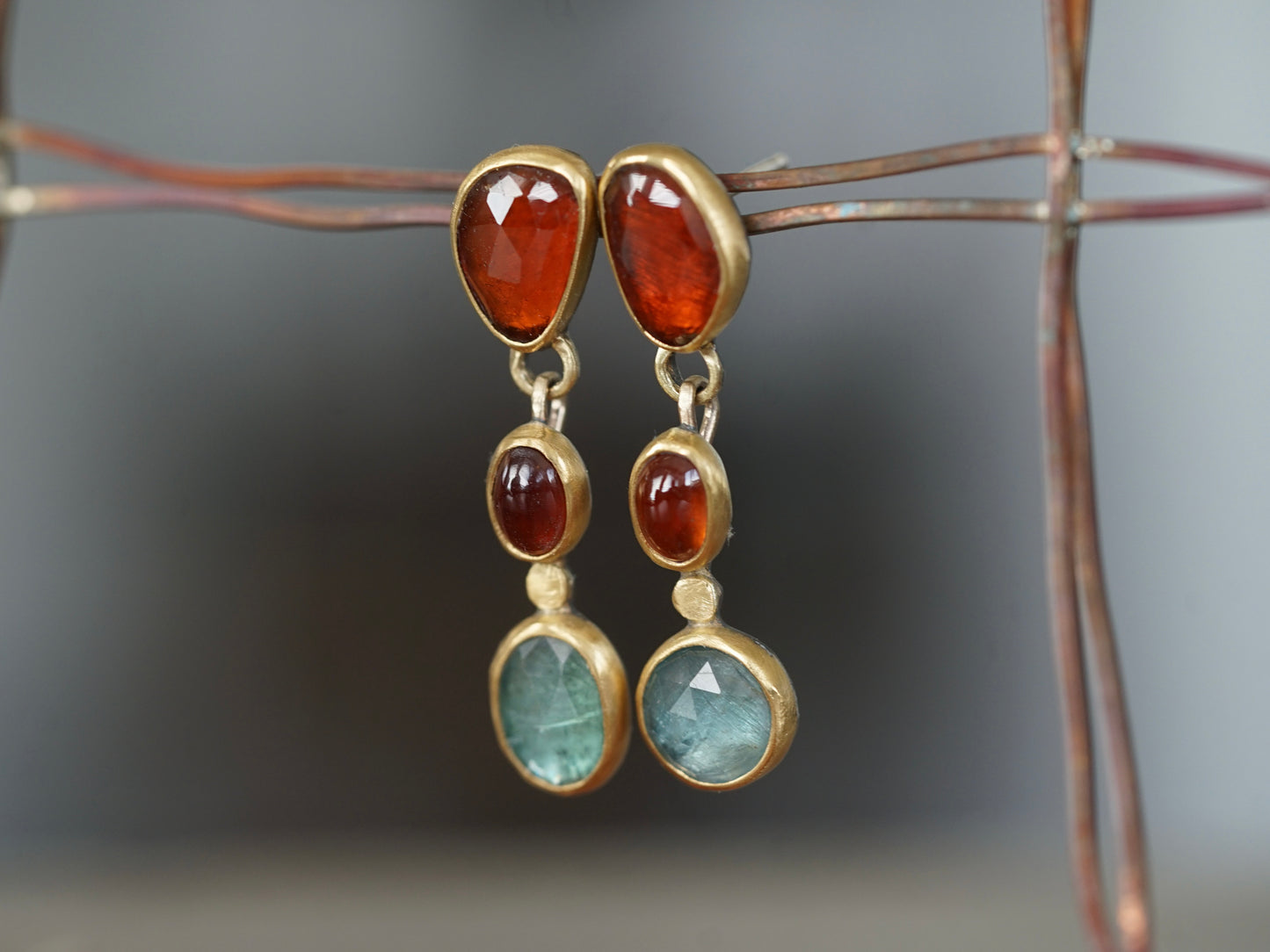 Exquisite garnet and kyanite dangly post earrings