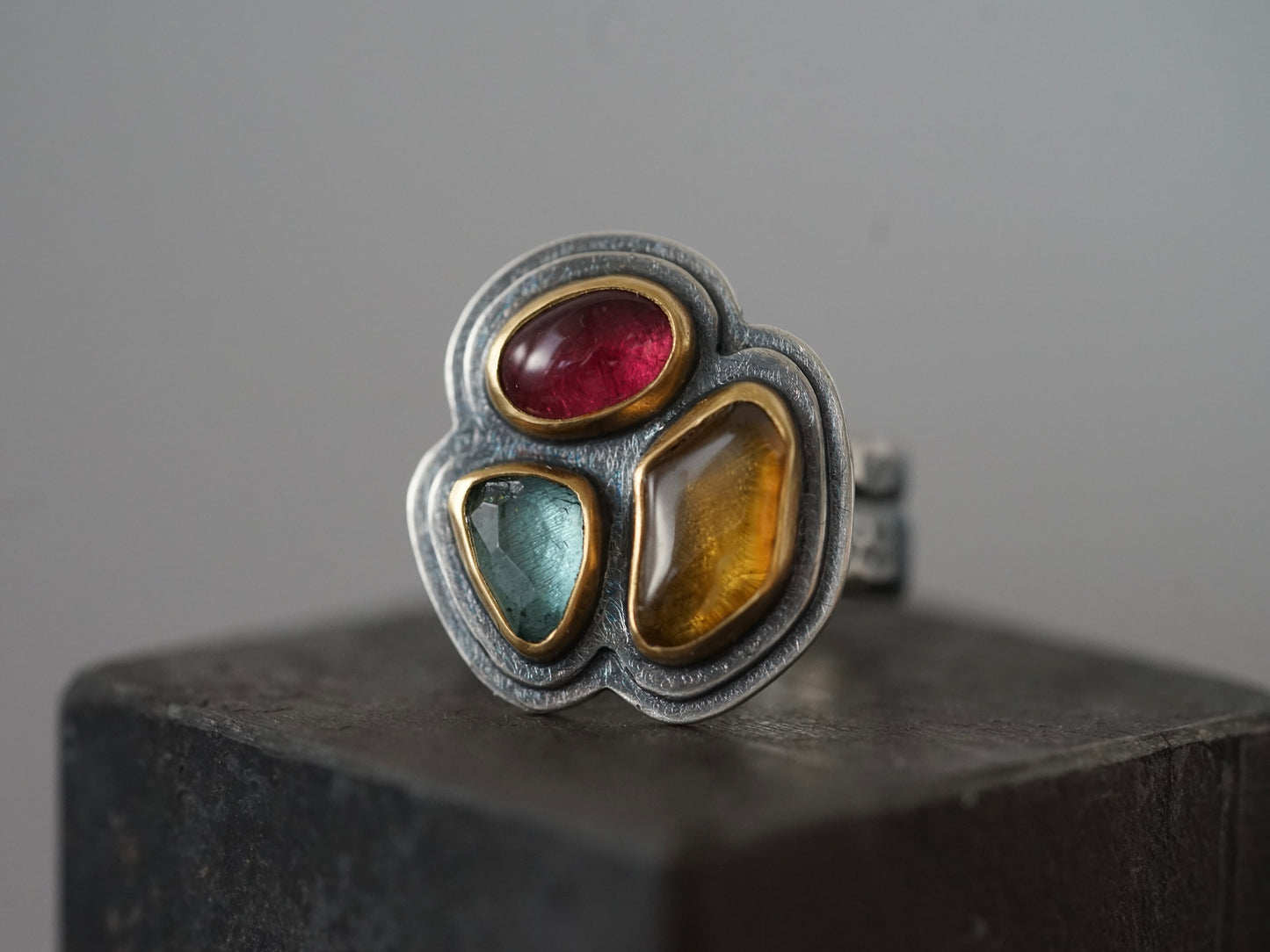 Exquisite, colorful tourmaline statement ring, size 7.25
