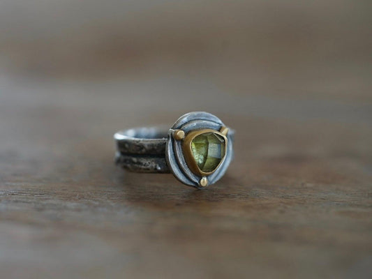 Triangular green tourmaline and 22k gold ring, size 6.25