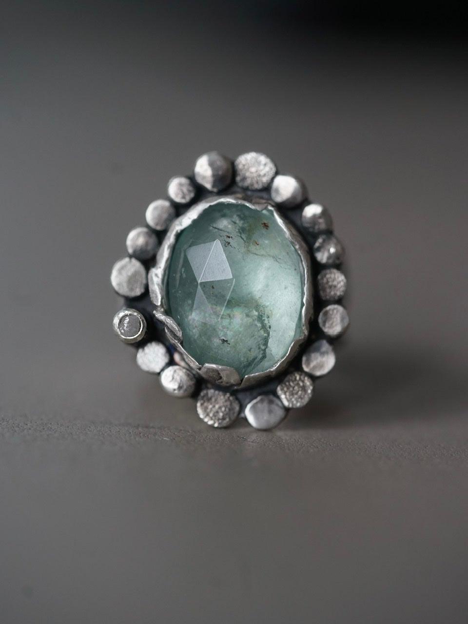 Large aquamarine and raw diamond statement ring size 9.5