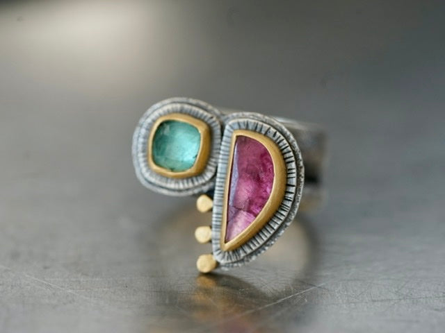 Exquisite pink and aqua blue tourmaline statement ring, size 6