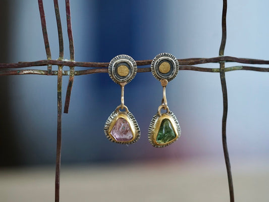Asymmetrical tourmaline and spinel post earrings with gold