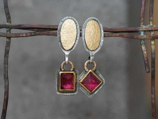 Asymmetrical pink tourmaline and 218K gold earrings