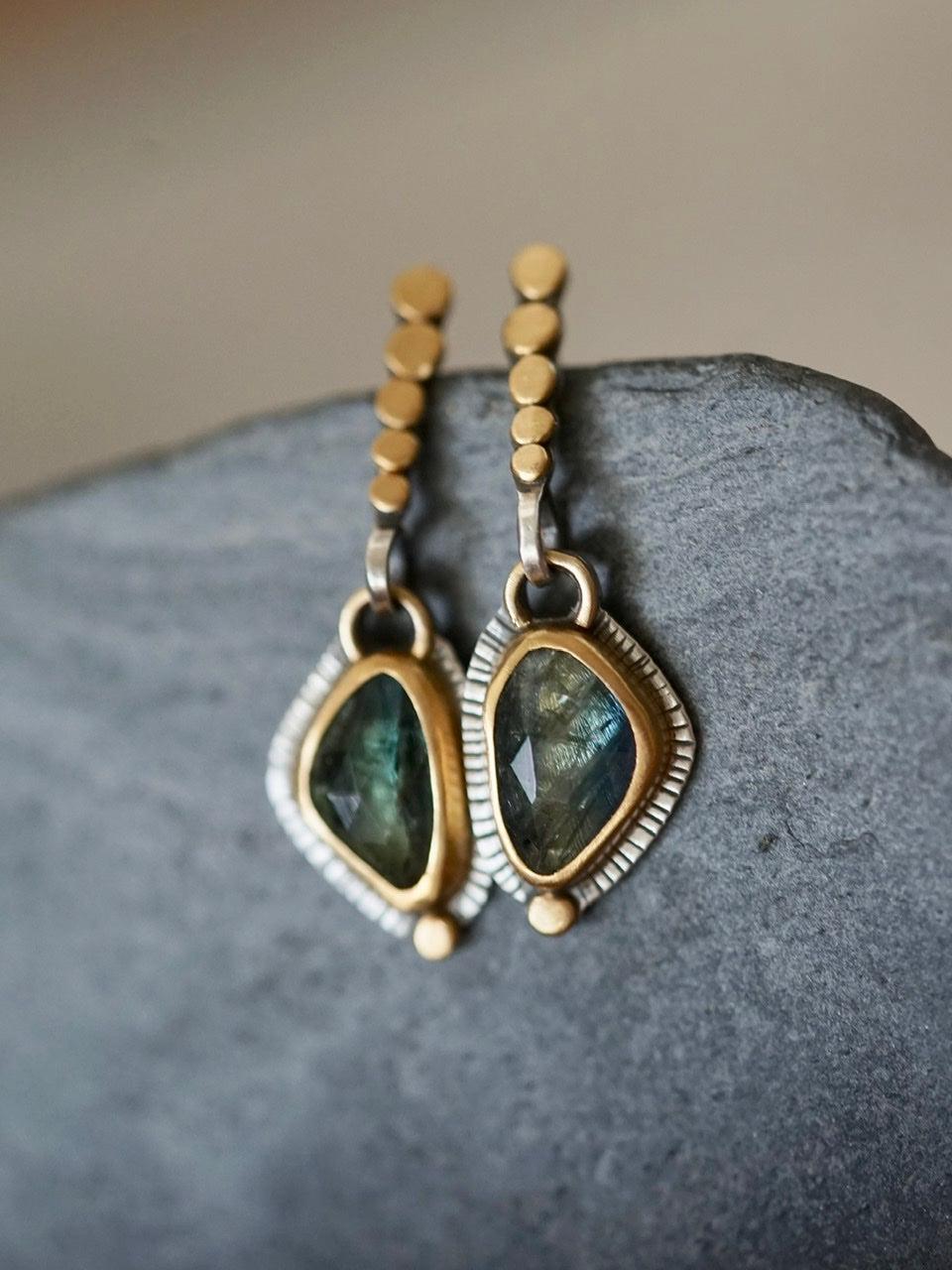 Blue green sapphire and 22k gold earrings