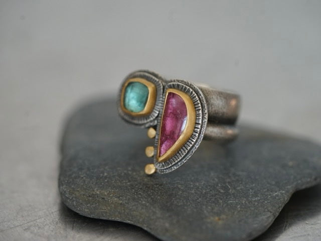 Exquisite pink and aqua blue tourmaline statement ring, size 6