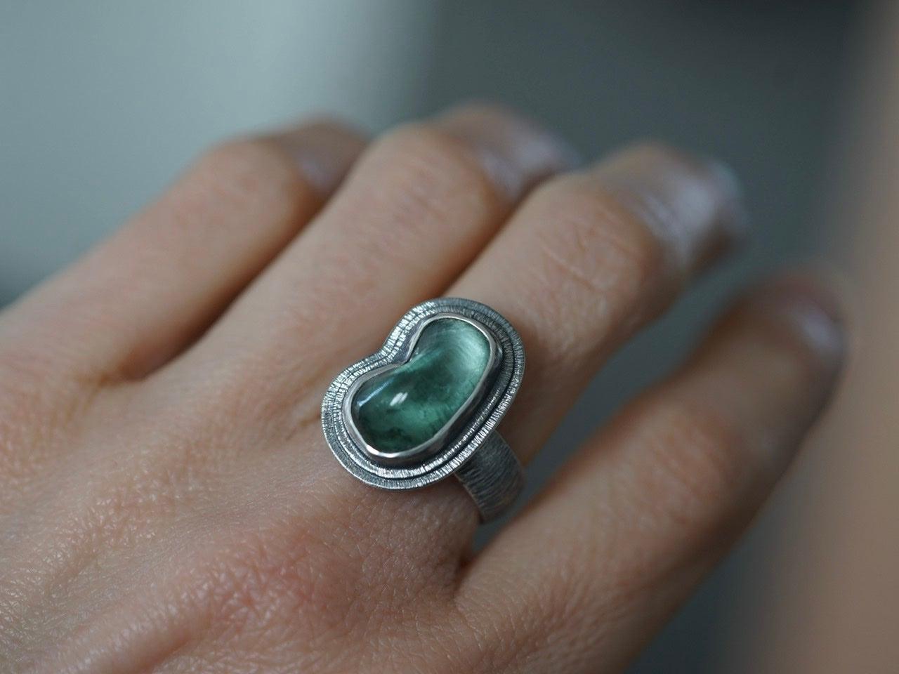 Carved teal tourmaline ring, size 7.25