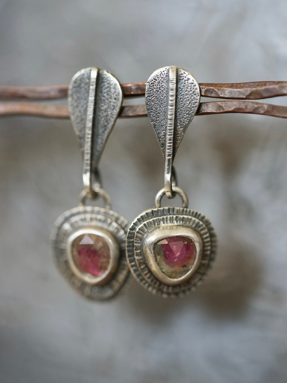 Watermelon tourmaline dangly drop earrings