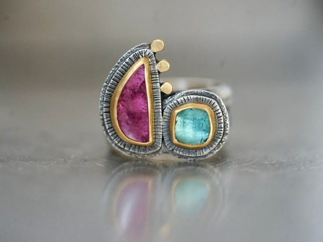 Exquisite pink and aqua blue tourmaline statement ring, size 6