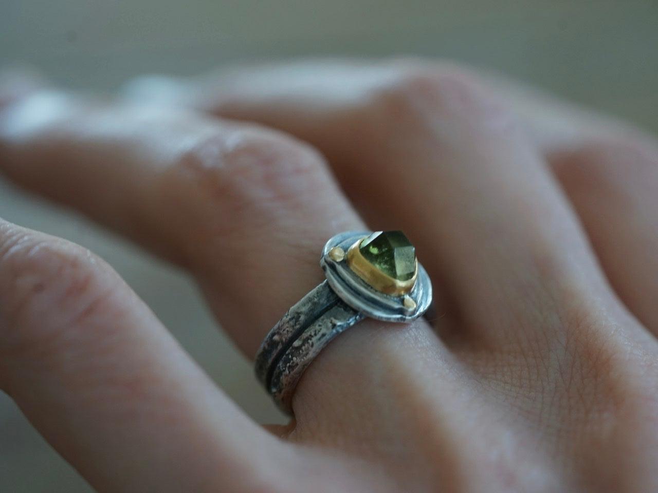 Triangular green tourmaline and 22k gold ring, size 6.25