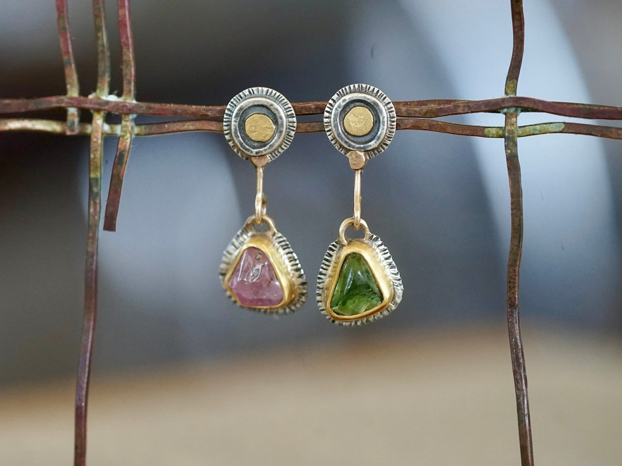 Asymmetrical tourmaline and spinel post earrings with gold