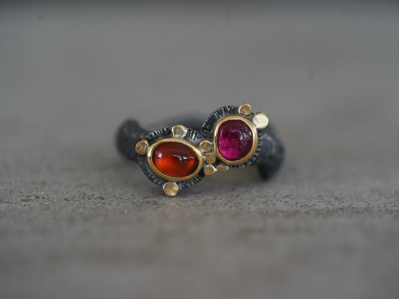 Gold embellished garnet and tourmaline ring, size 6.25
