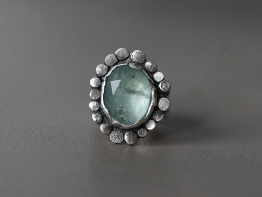 Large aquamarine and raw diamond statement ring size 9.5