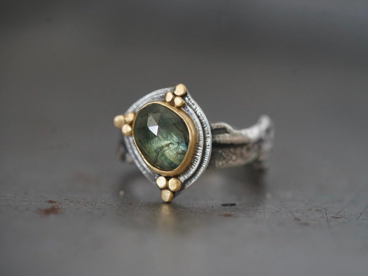 Opulent semi-translucent green blue sapphire an 22k gold ring, size 7