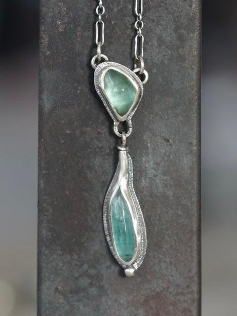 Carved teal blue tourmaline necklace