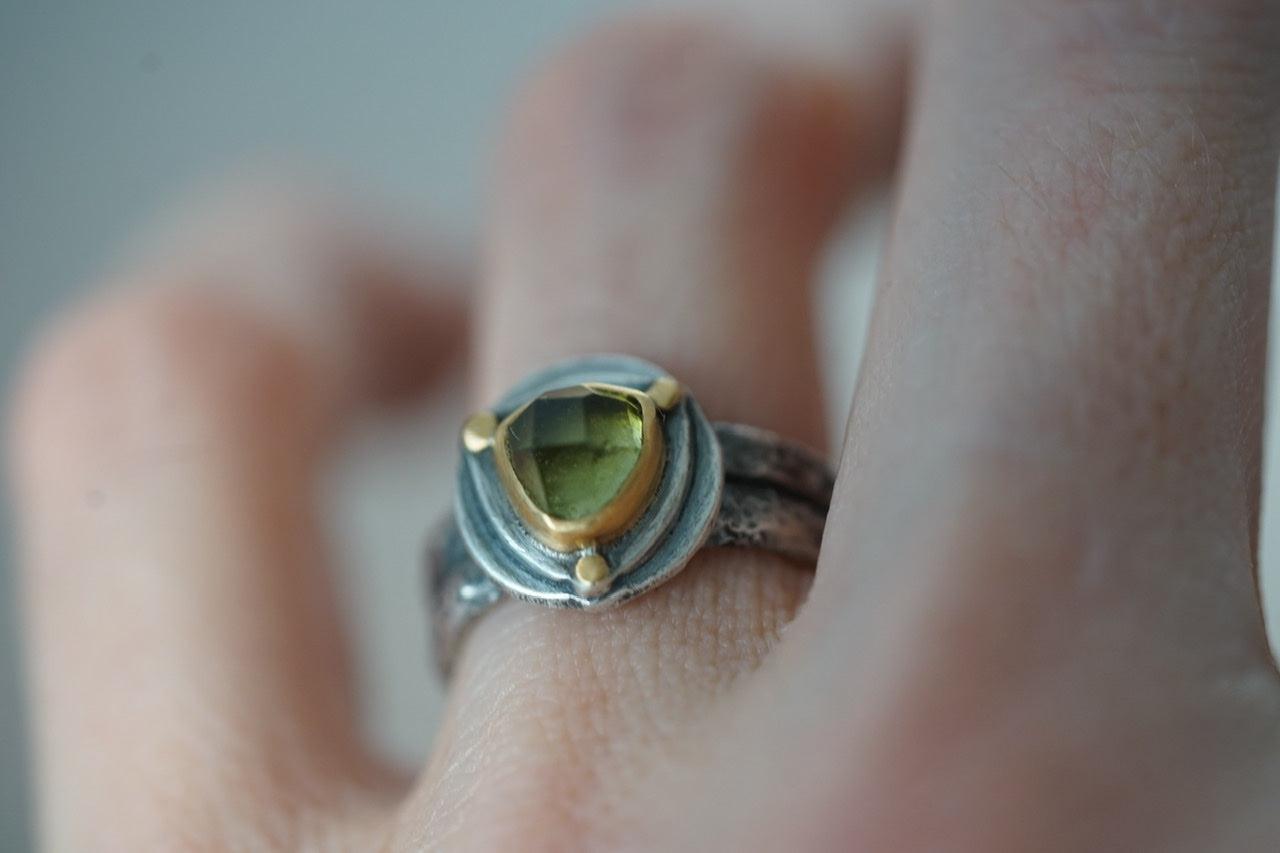 Triangular green tourmaline and 22k gold ring, size 6.25