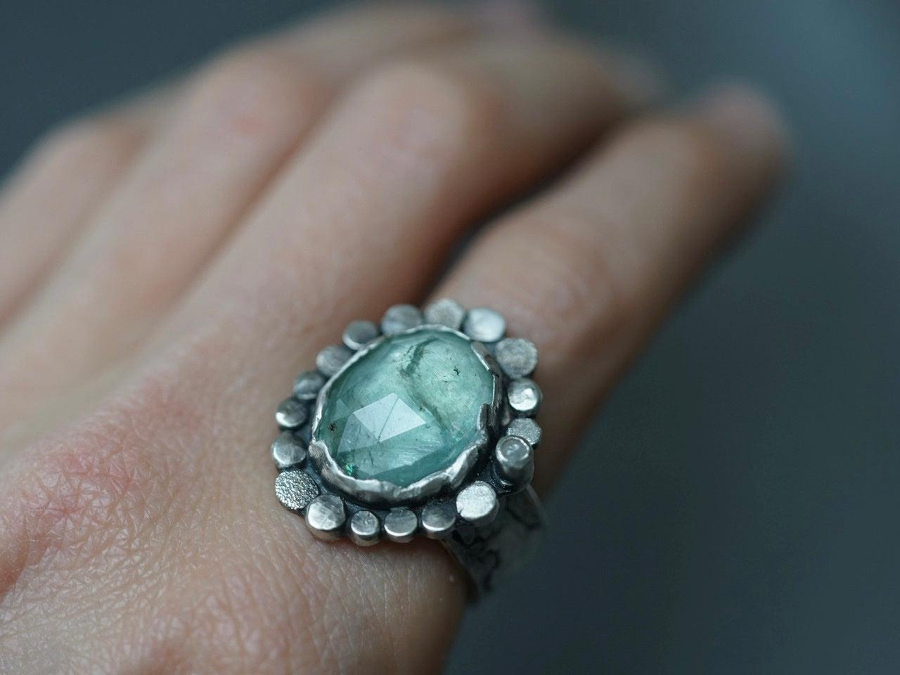 Large aquamarine and raw diamond statement ring size 9.5