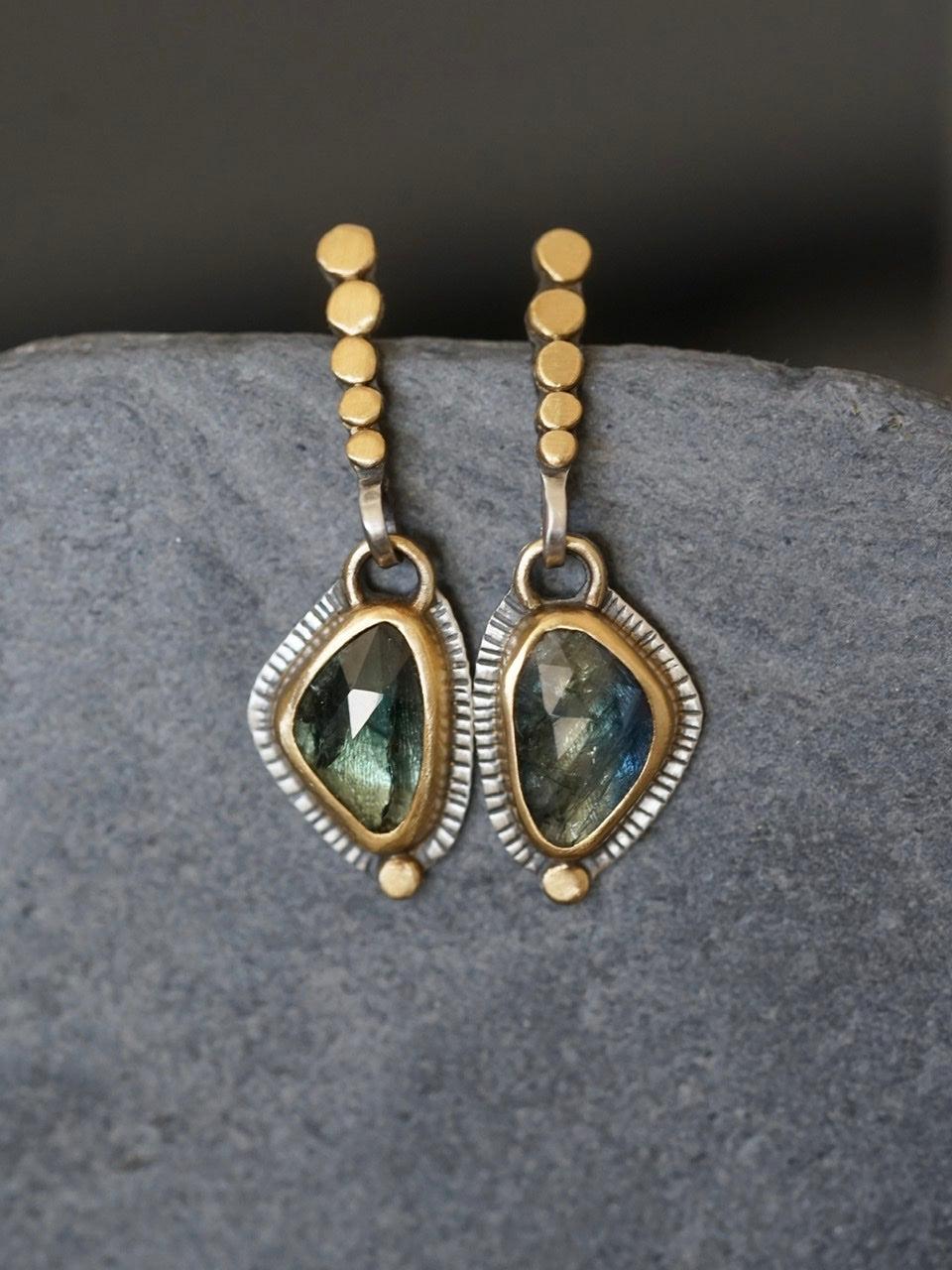Blue green sapphire and 22k gold earrings