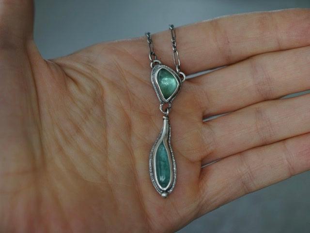 Carved teal blue tourmaline necklace