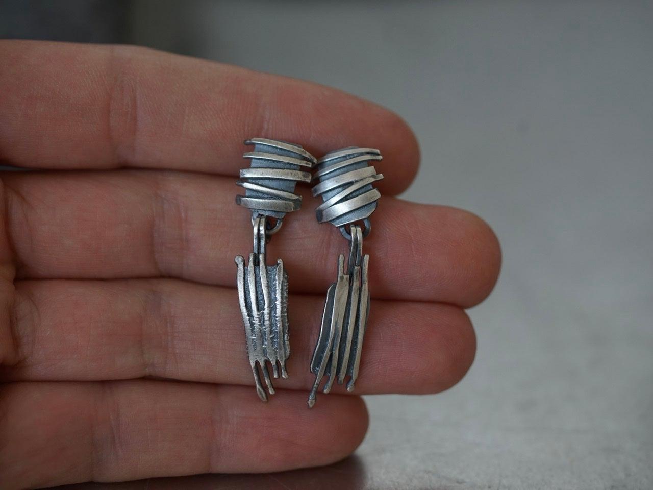 Remnants/ withered series, vertical stripes sterling silver earrings