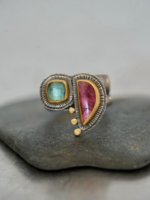 Exquisite pink and aqua blue tourmaline statement ring, size 6