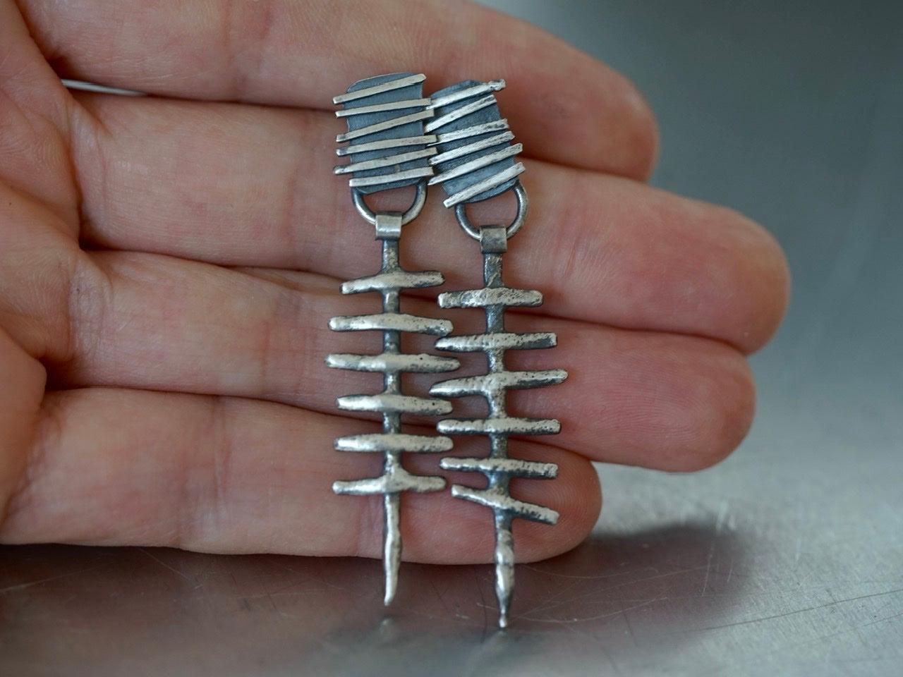 Remnants/ withered series, large skeletal sterling silver earrings