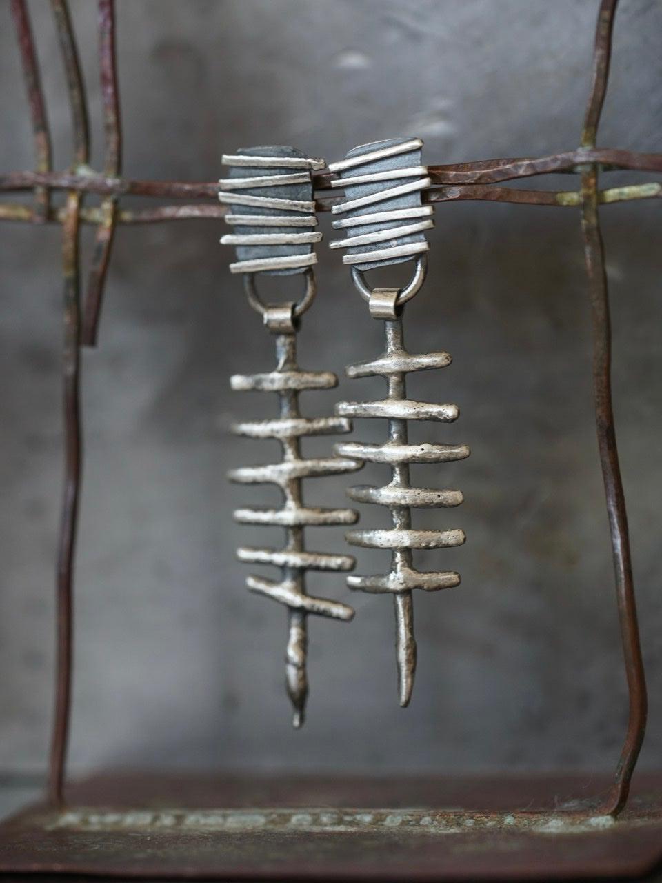 Remnants/ withered series, large skeletal sterling silver earrings