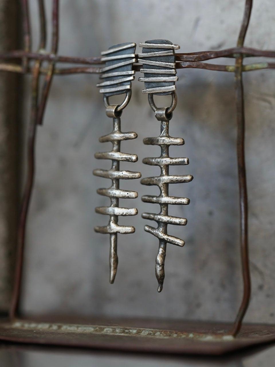 Remnants/ withered series, large skeletal sterling silver earrings