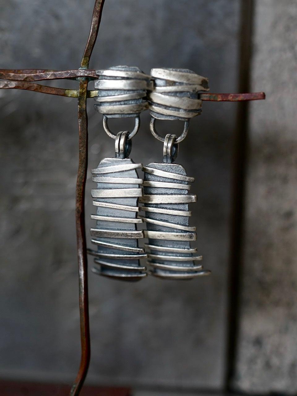 Remnants/ withered series, horizontal stripes sterling silver earrings