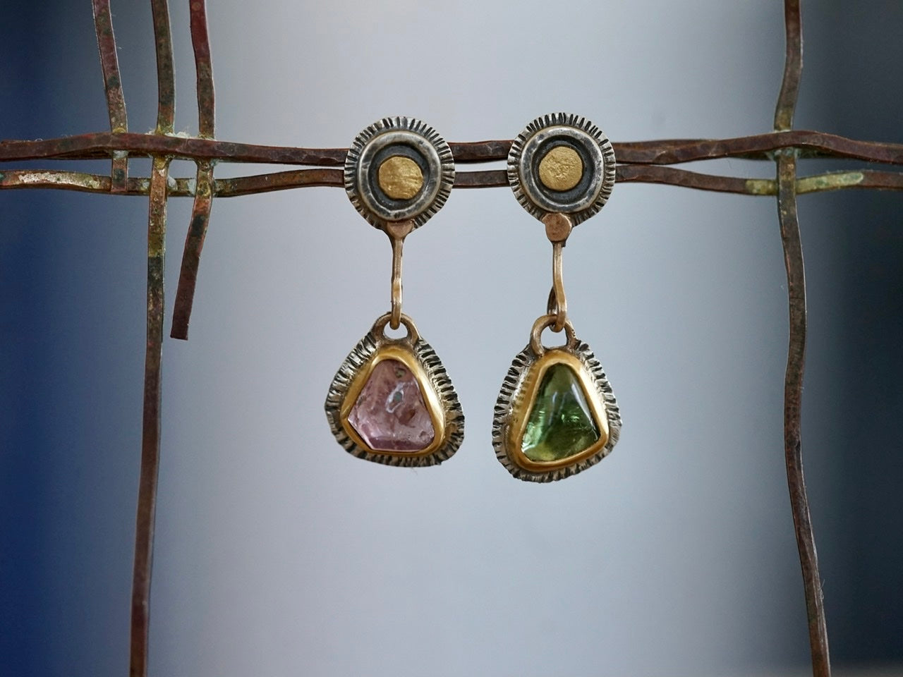 Asymmetrical tourmaline and spinel post earrings with gold