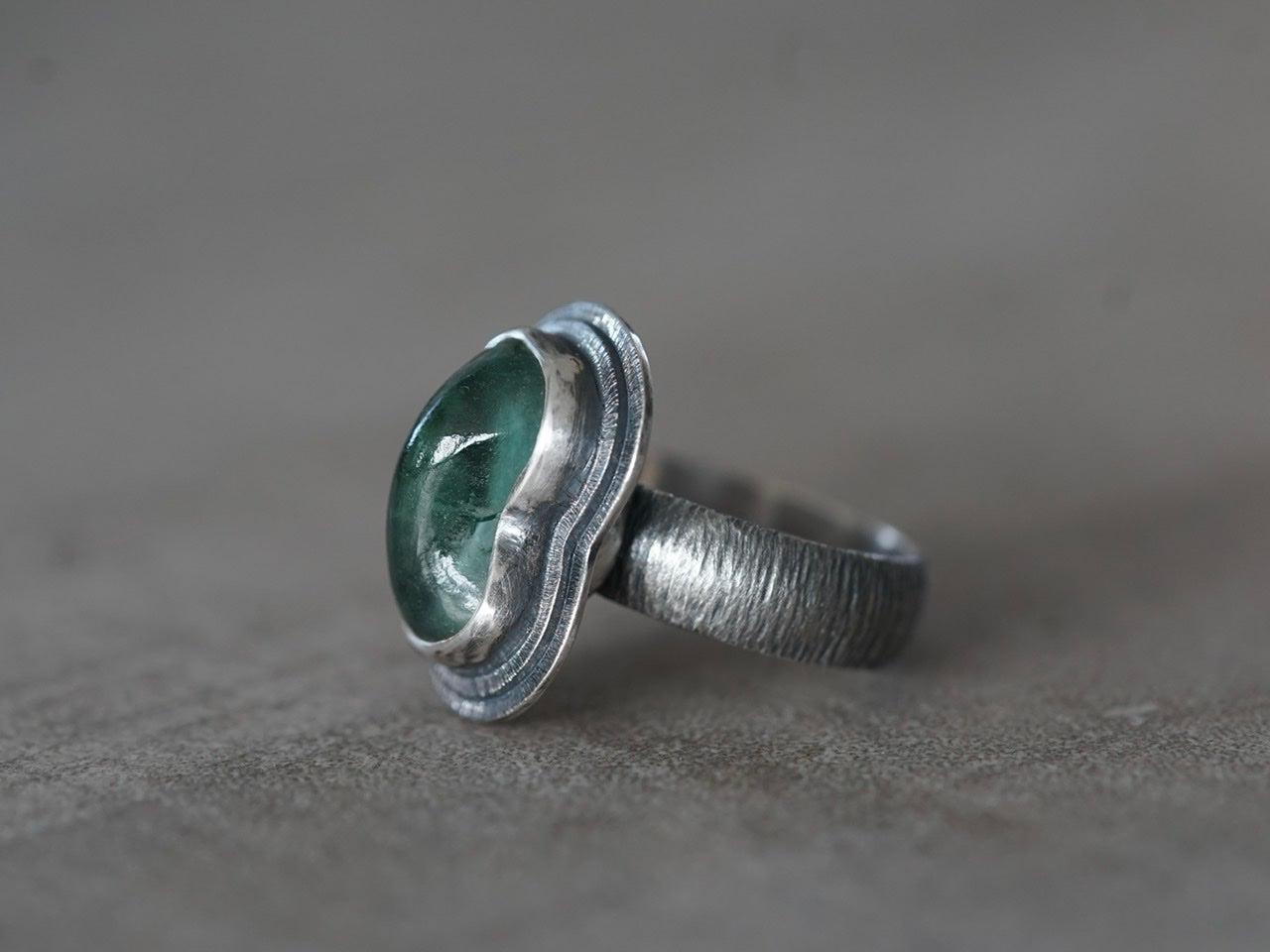Carved teal tourmaline ring, size 7.25