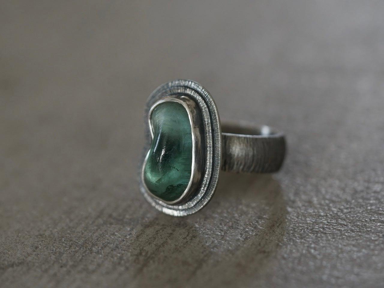 Carved teal tourmaline ring, size 7.25