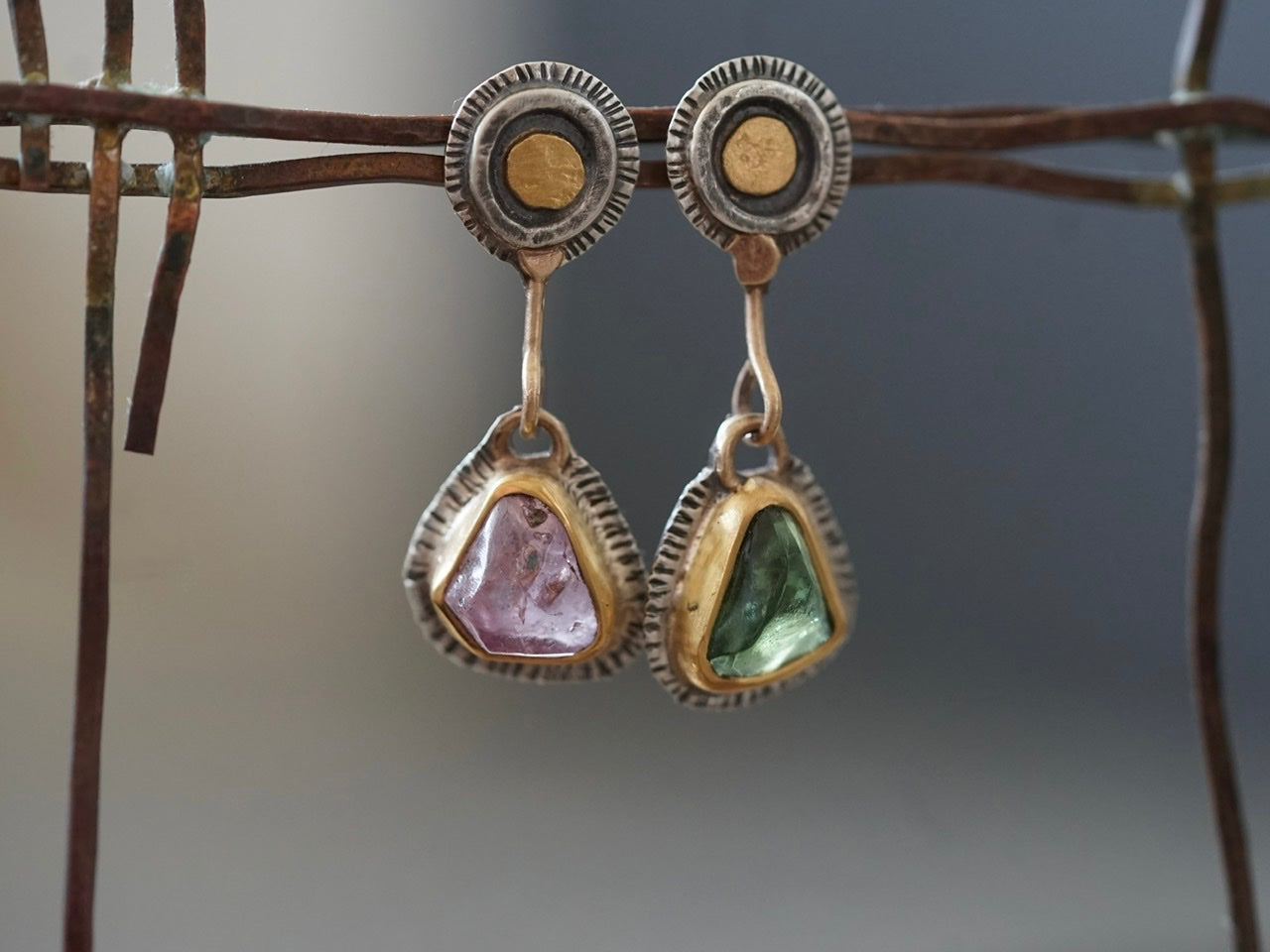 Asymmetrical tourmaline and spinel post earrings with gold