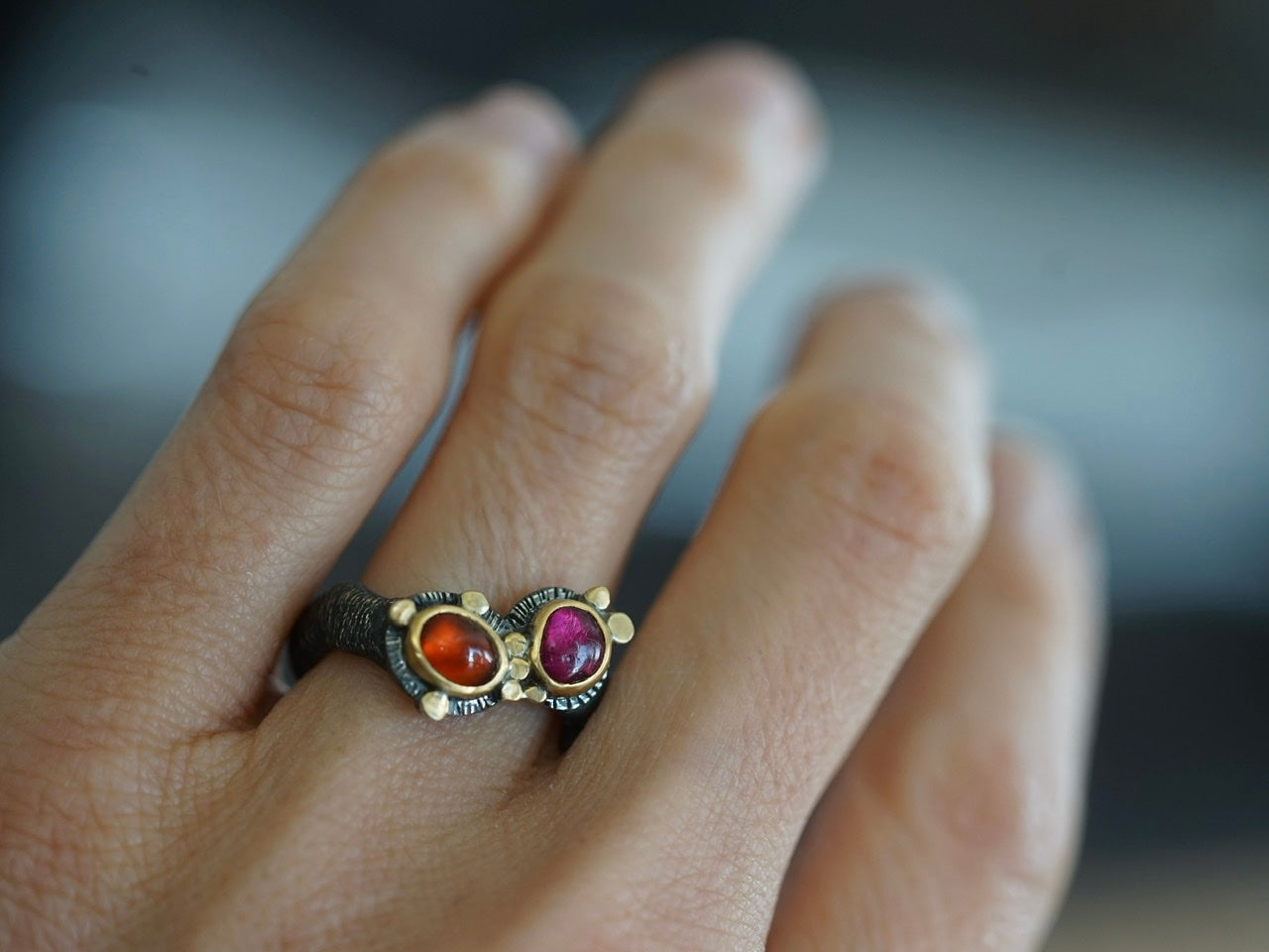 Gold embellished garnet and tourmaline ring, size 6.25