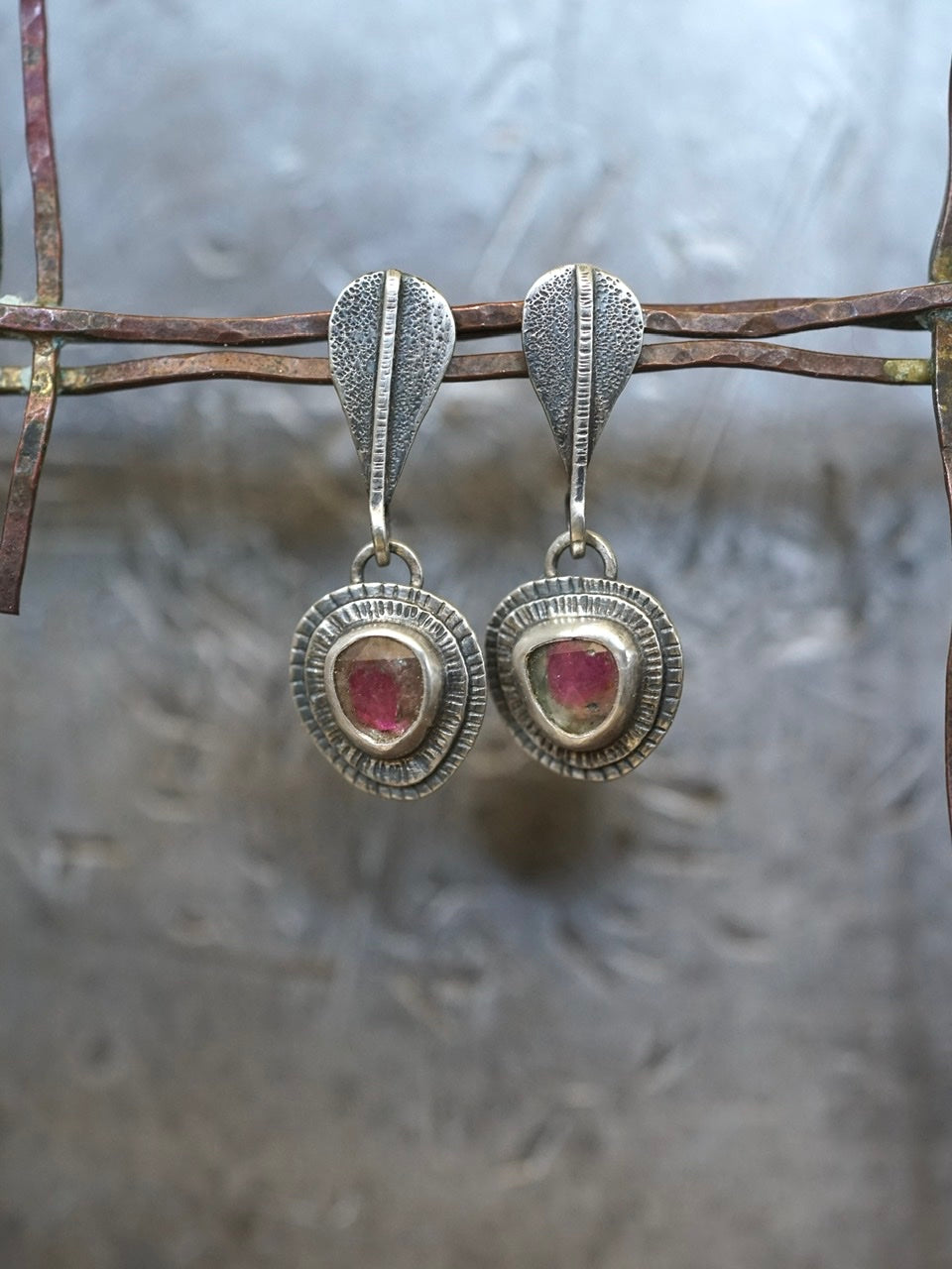 Watermelon tourmaline dangly drop earrings