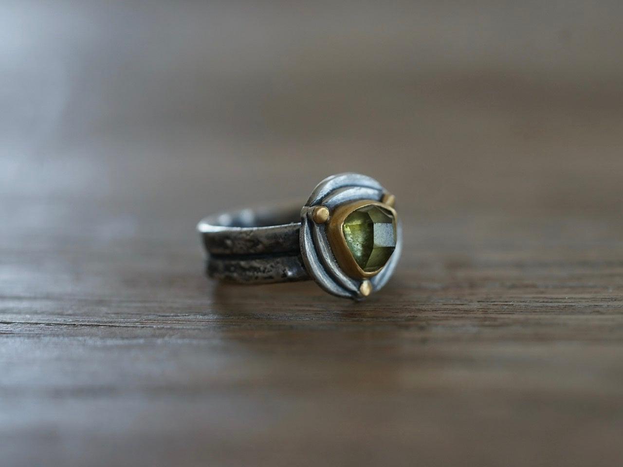 Triangular green tourmaline and 22k gold ring, size 6.25