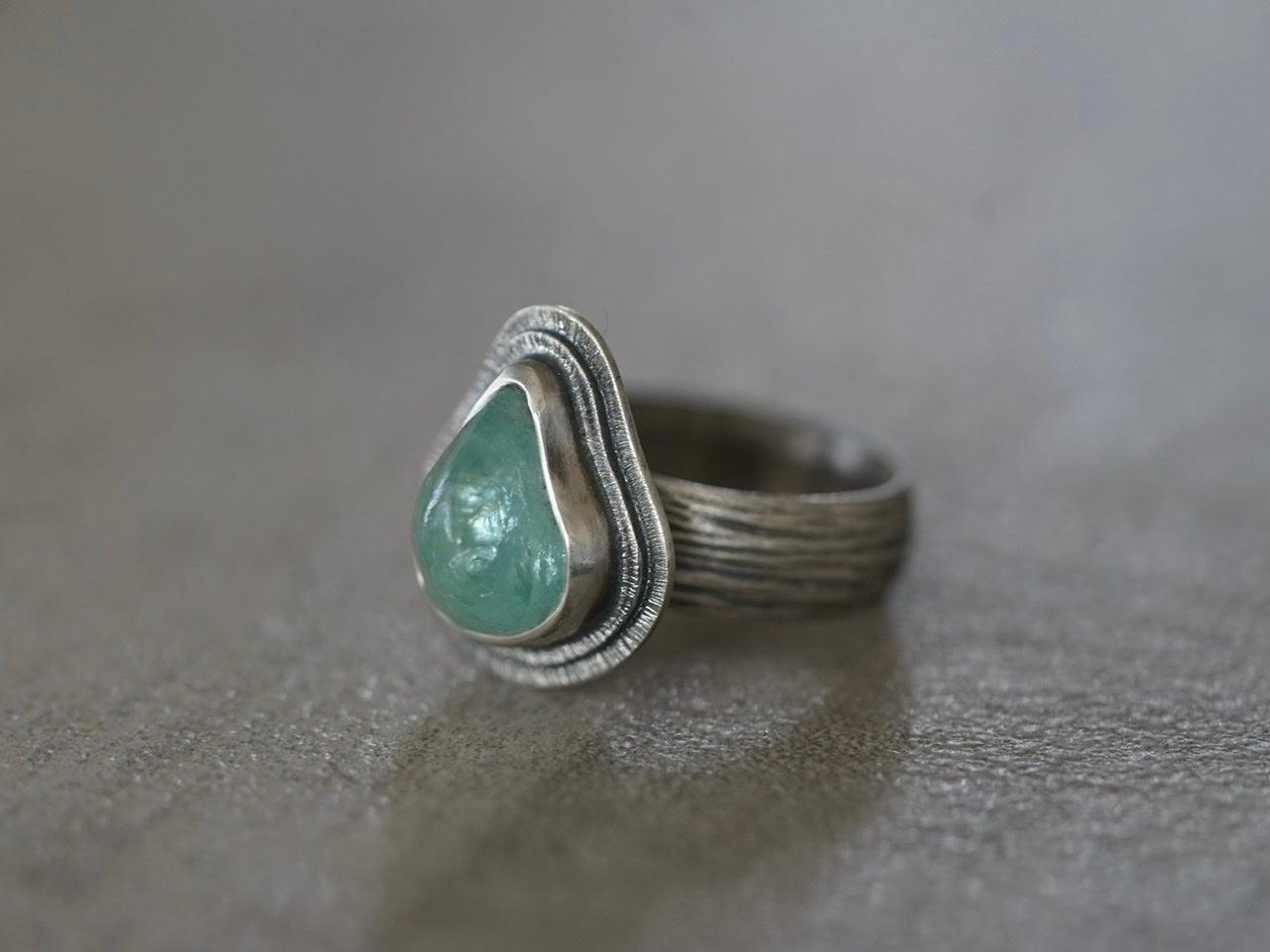 Carved aqua blue tourmaline ring, size 6.75