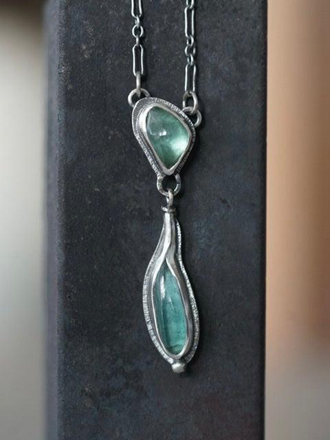 Carved teal blue tourmaline necklace