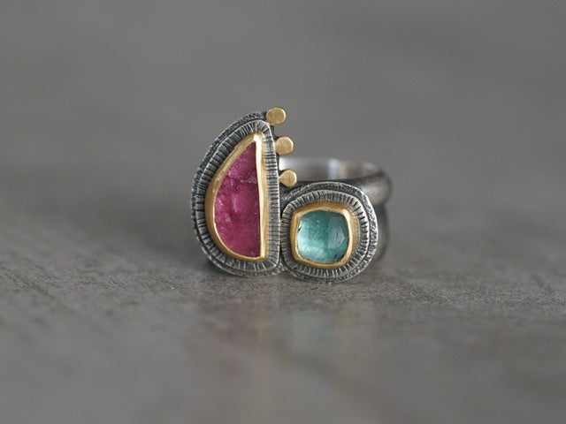 Exquisite pink and aqua blue tourmaline statement ring, size 6