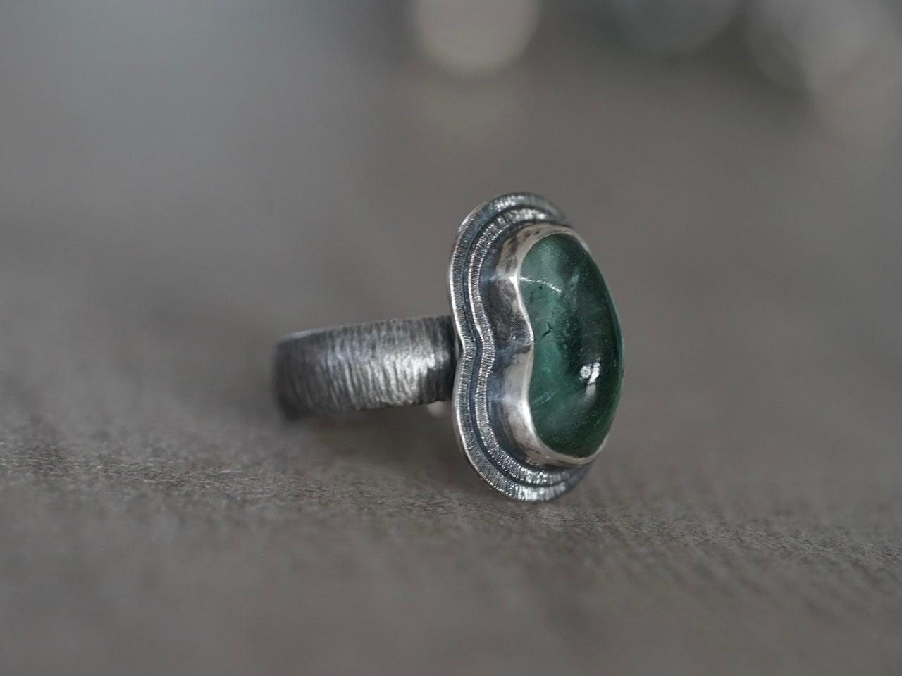 Carved teal tourmaline ring, size 7.25