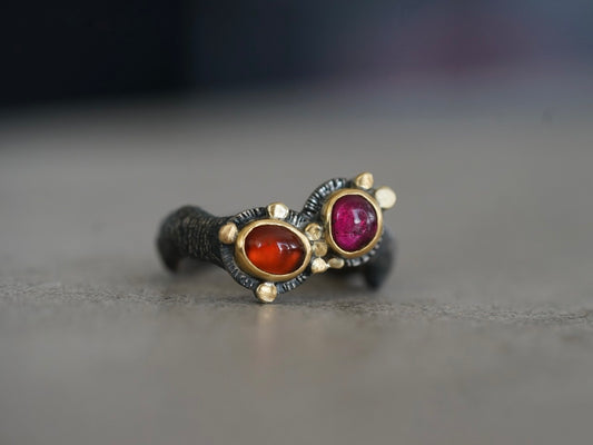 Gold embellished garnet and tourmaline ring, size 6.25