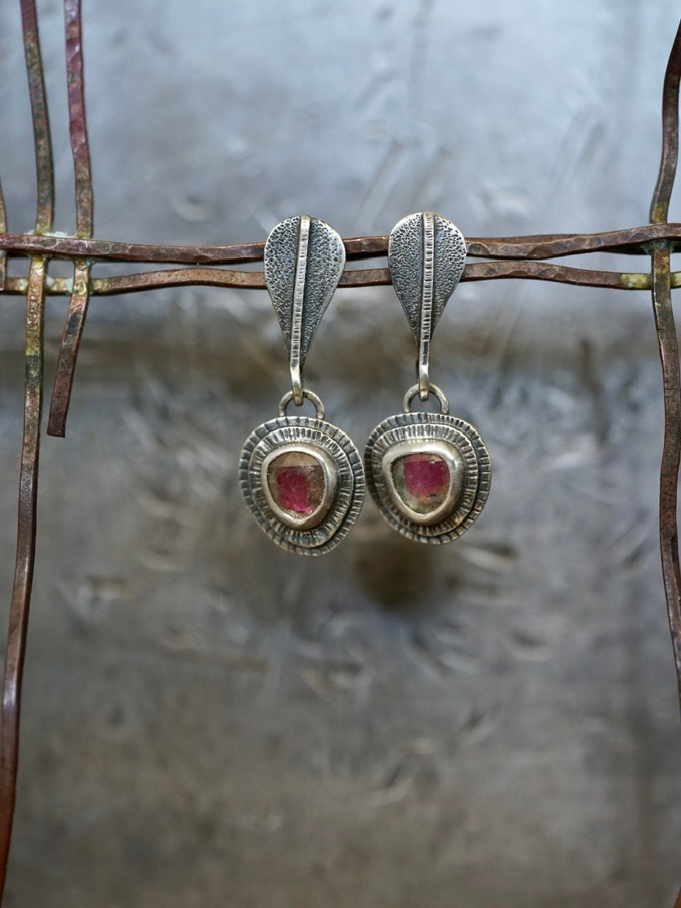 Watermelon tourmaline dangly drop earrings