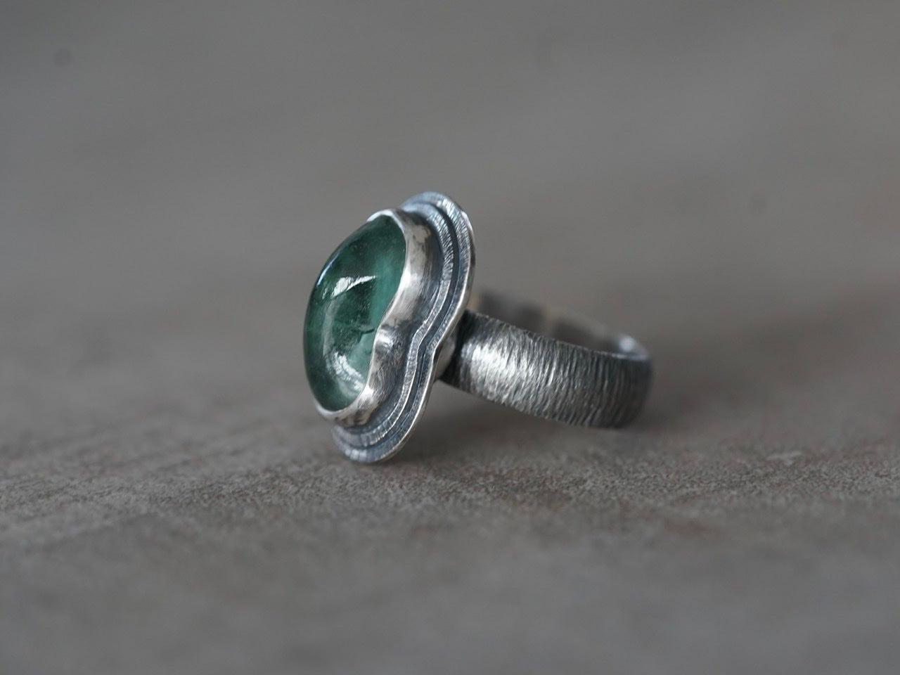 Carved teal tourmaline ring, size 7.25